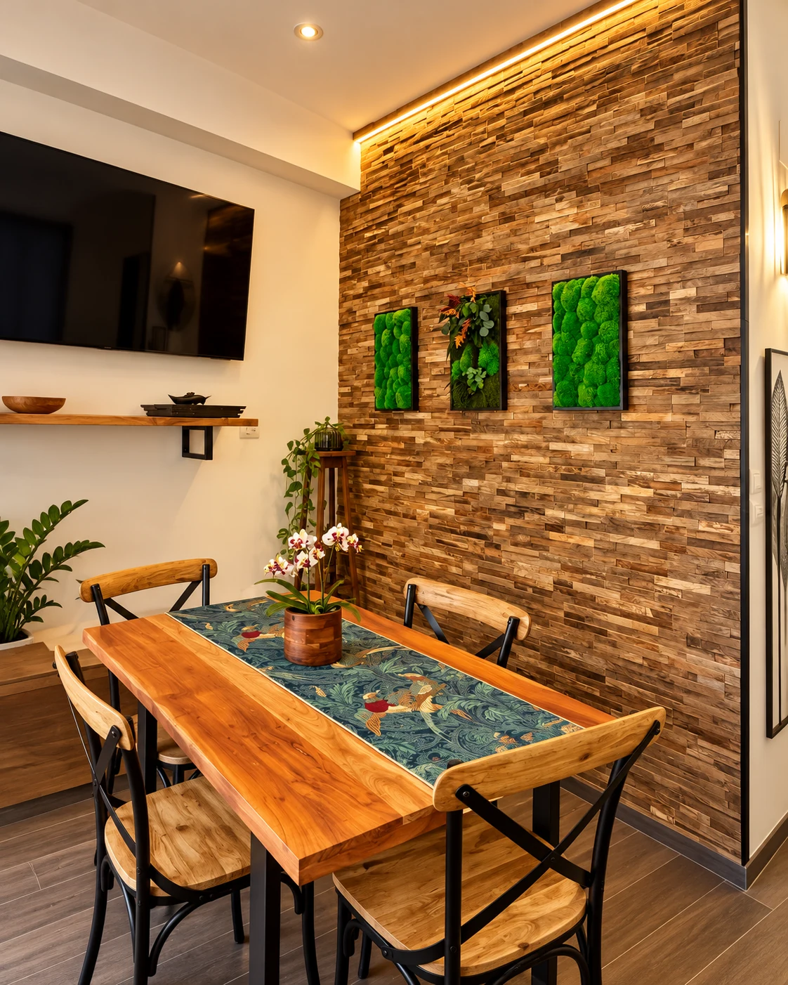 Sala da pranzo con parete rivestita in legno e illuminazione calda