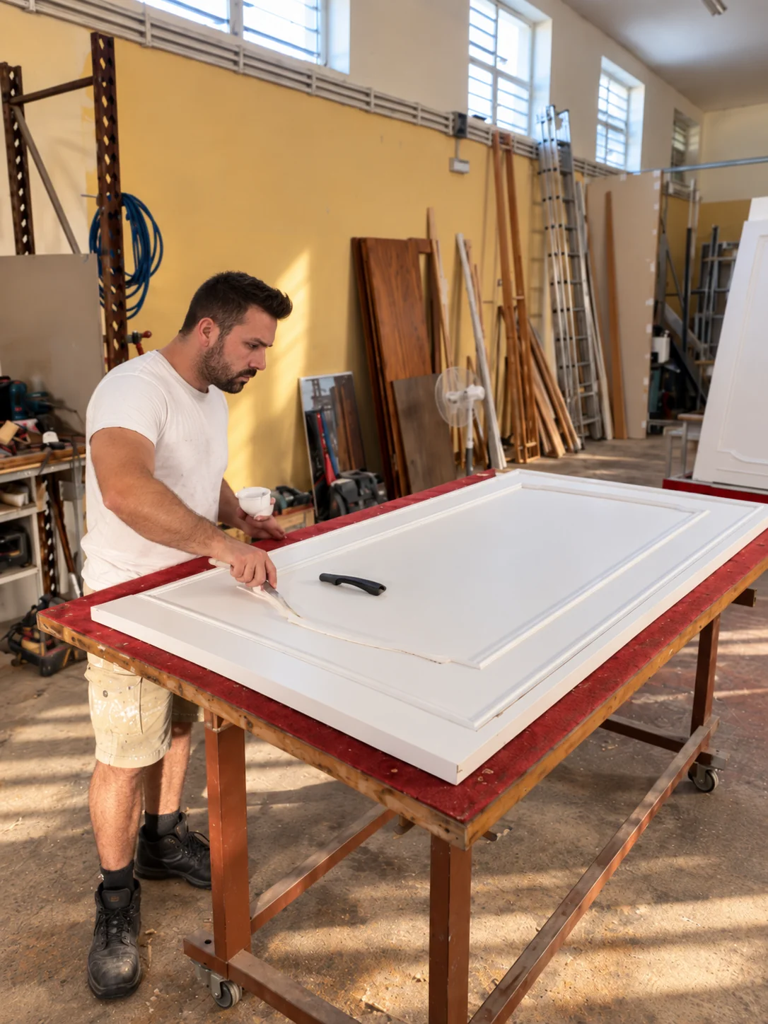 Matteo Milazzo al lavoro nel laboratorio, durante il restauro di una porta